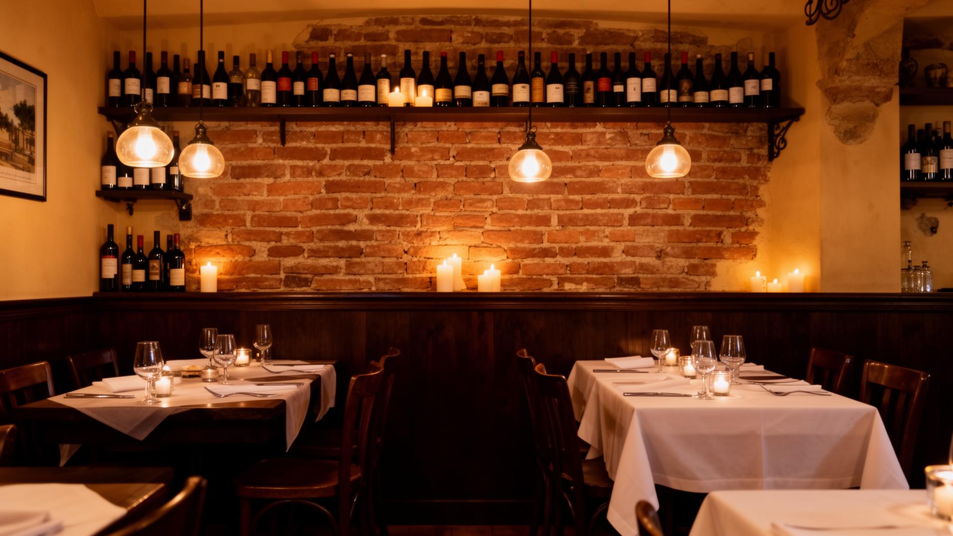 Tutto Italiano dining room with brick walls and warm lighting
